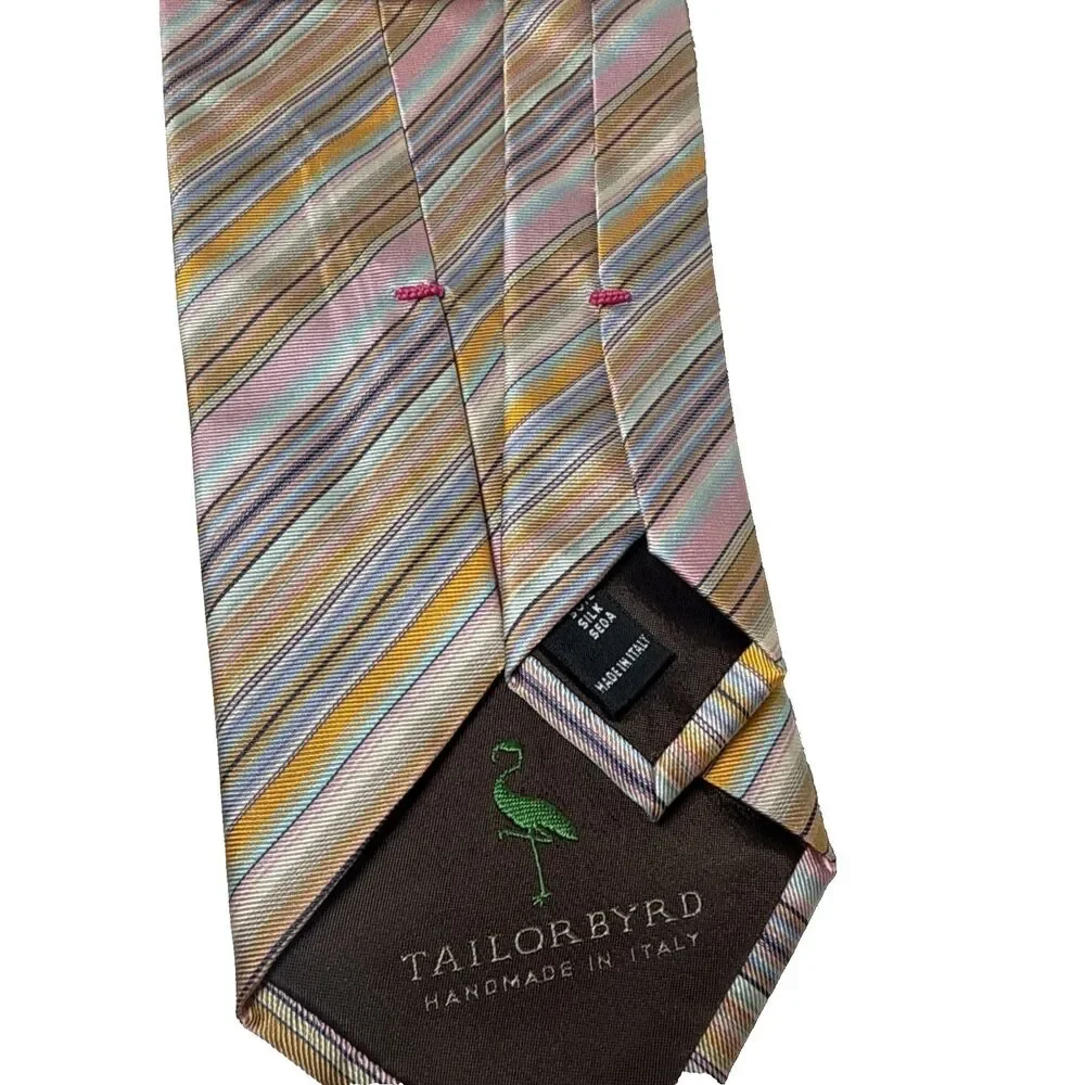 Tailor Byrd Striped 100% Silk Tie Pink Blue Yellow White Italy